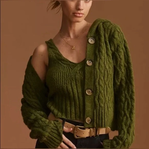 NWT Green Cable Knit Anthropologie Sweater Cropped Tank Top sz XL - Picture 3 of 9